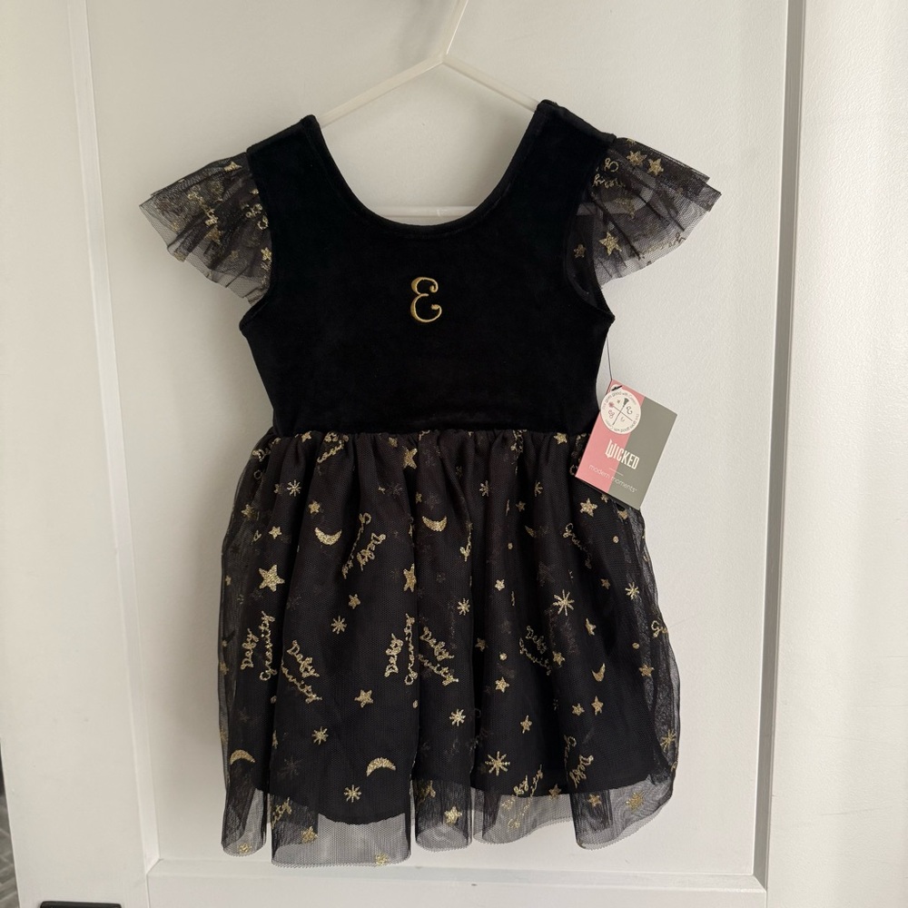 NWT! Wicked Defy Gravity Elphaba Dress Halloween costume Black Gold Girl 3T